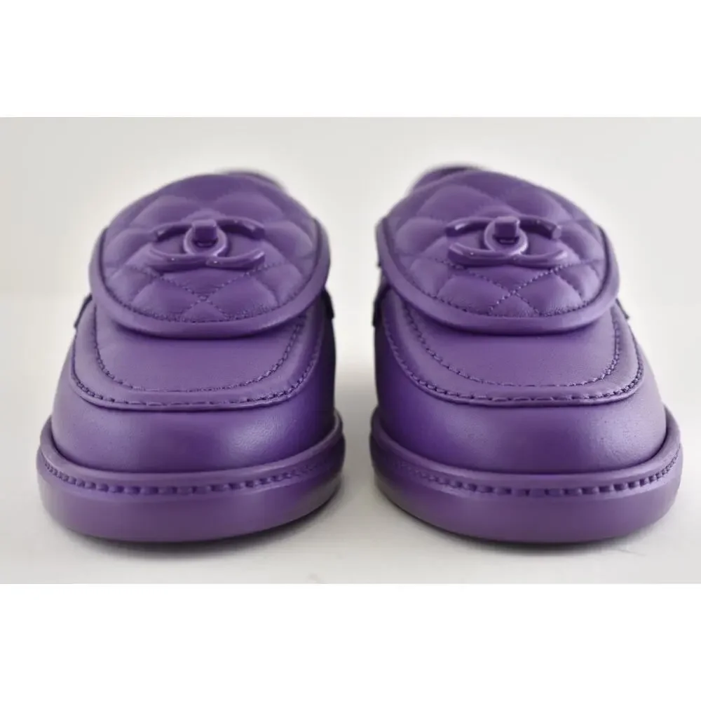 Chanel 24C Purple Leather Quilted Flap Turnlock CC Logo Moccasin Flat Loafer 36